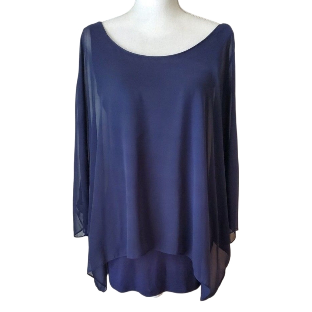 White House Black Market Blue Kimono Sleeve Chiffon Overlay Tunic Blouse Size S
